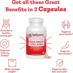 Dr. Kellyann Bone Broth + Collagen supplement bottle with benefits listed on a white background