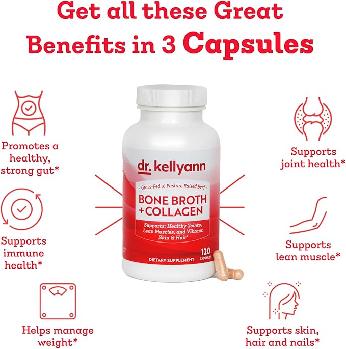 Dr. Kellyann Bone Broth + Collagen supplement bottle with benefits listed on a white background