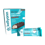 Packaging and a individually wrapped collagen fiber bar with chocolate coating and coconut pieces visible.