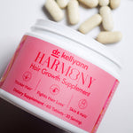 Dr. Kellyann Harmony Hair Growth Supplement container with tablets on a white background