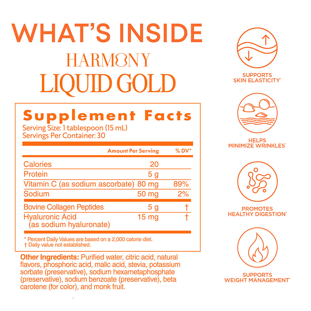 Supplement facts label for Harmony Liquid Gold with icons and text on a white background