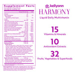 Supplement facts label for Dr. Kellyann Harmony Liquid Daily Multivitamin on a white background