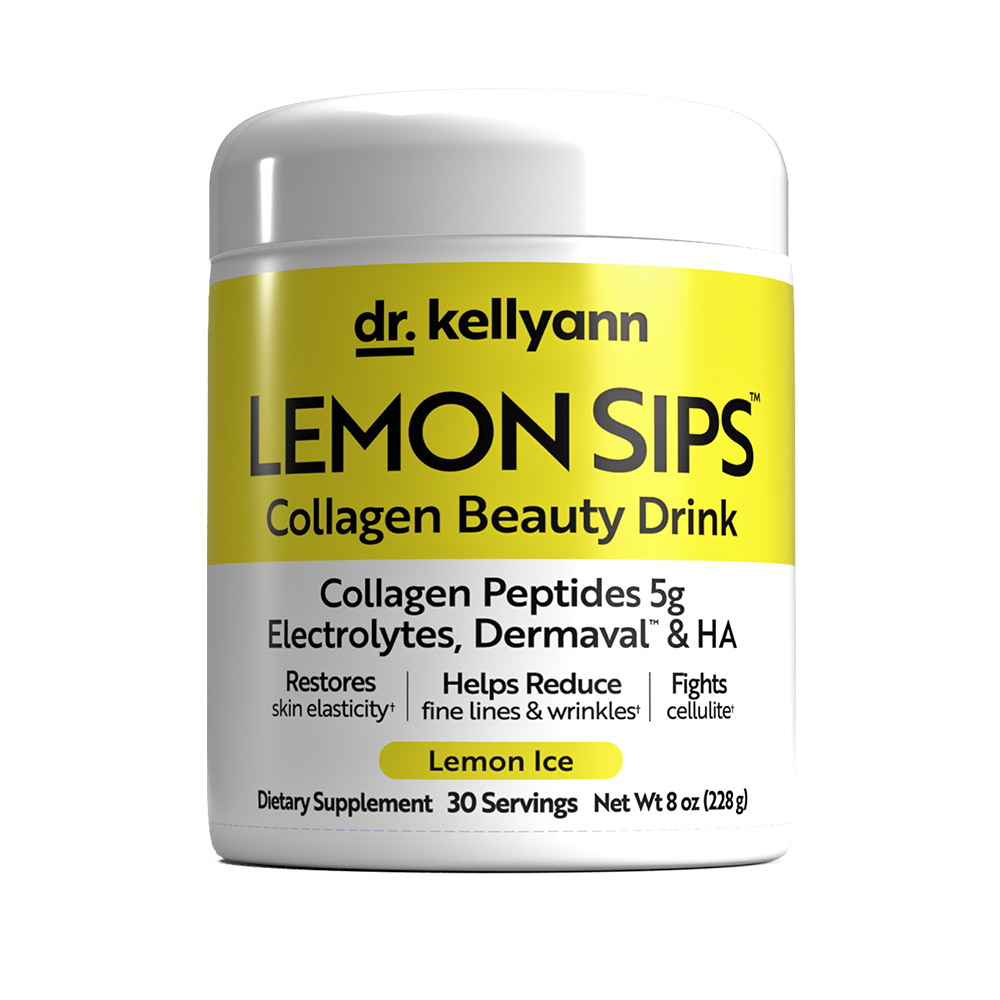 Dr. Kellyann Lemon Sips collagen beauty drink container on a white background