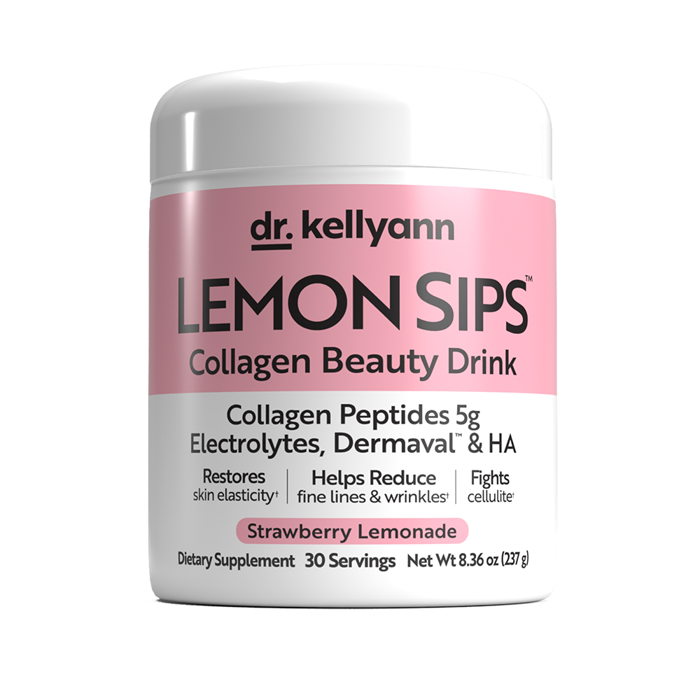 Dr. Kellyann Lemon Sips collagen beauty drink container on a white background