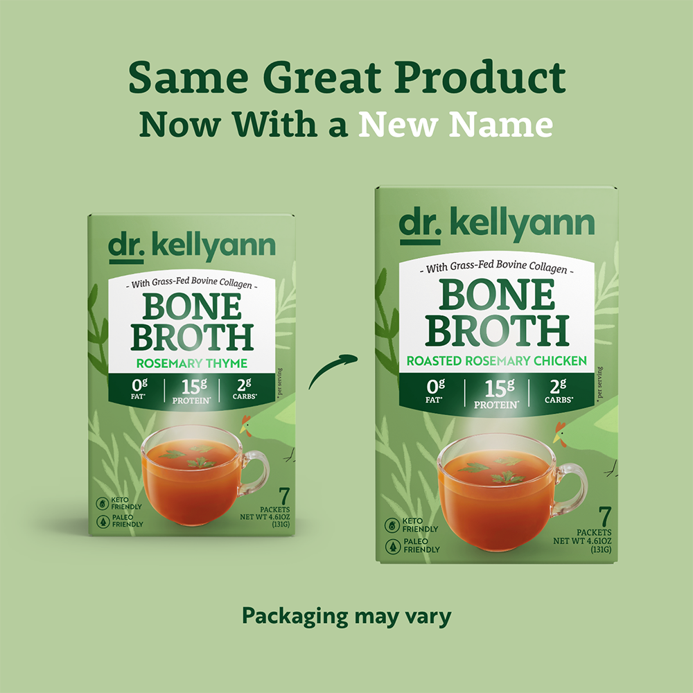 Two packages of Dr. Kellyann Bone Broth on a green background with text indicating a new name.