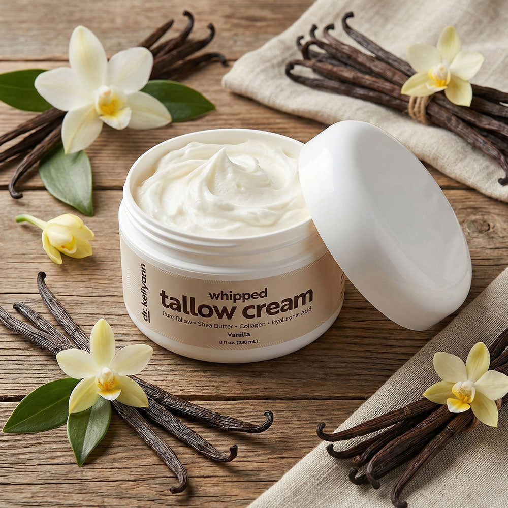 Applying whipped tallow face cream for deep hydration