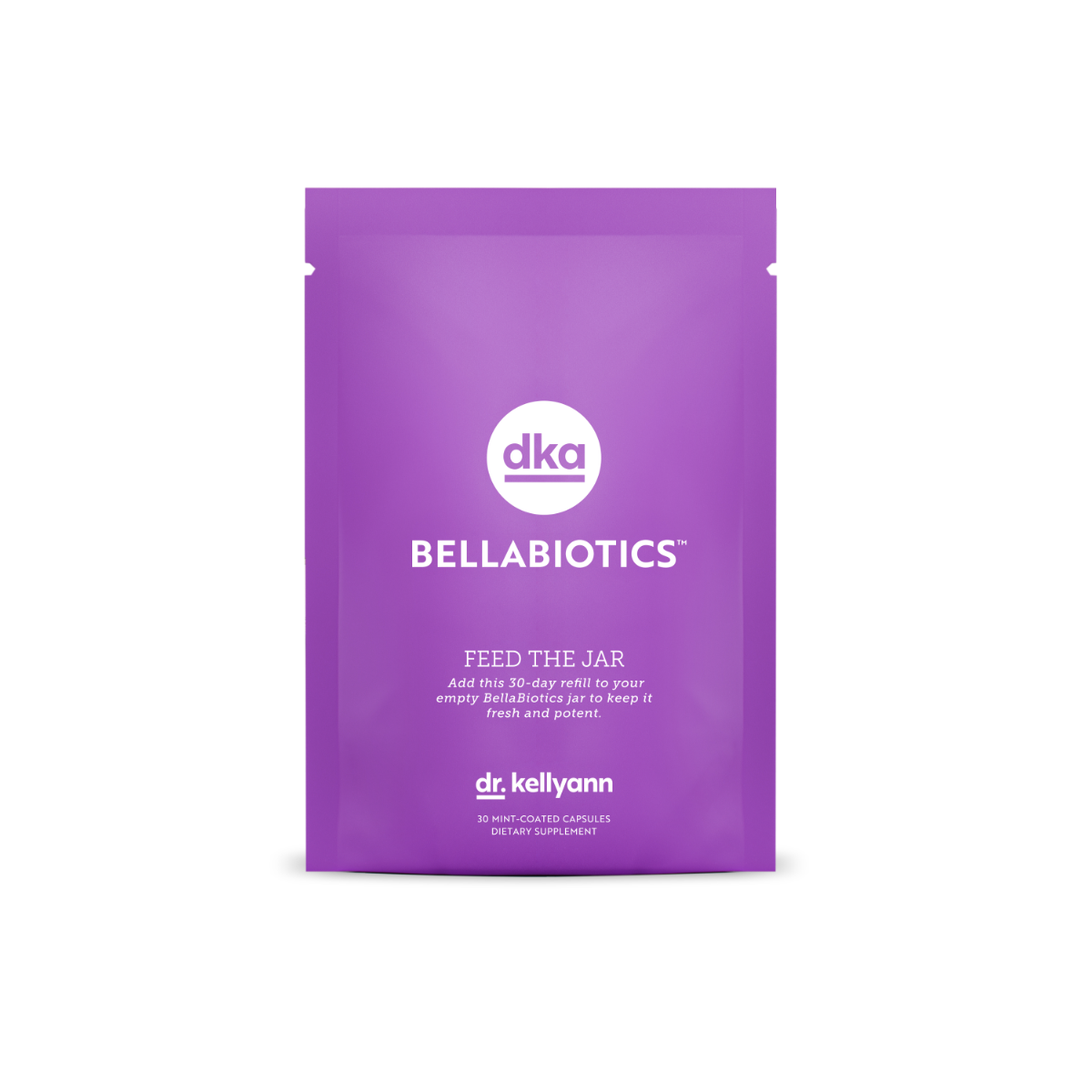 Purple packet of DKA Bellabiotics supplement on a white background
