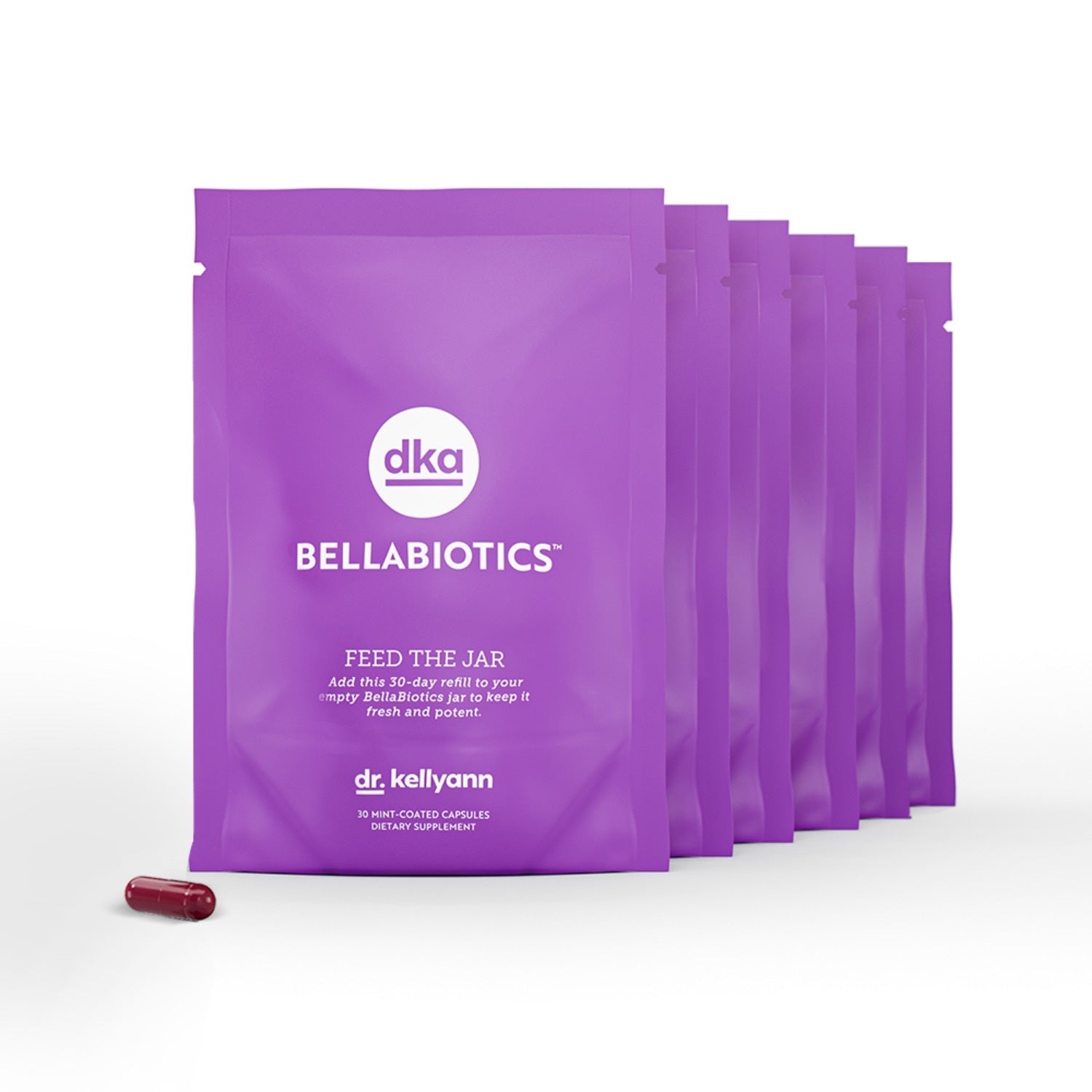 Purple packet of DKA Bellabiotics supplement on a white background