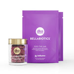 A clear jar containing red capsules labeled 'BellaBiotics Probiotics Dermaval® Korean Mint Supplement' with a gold-colored lid.