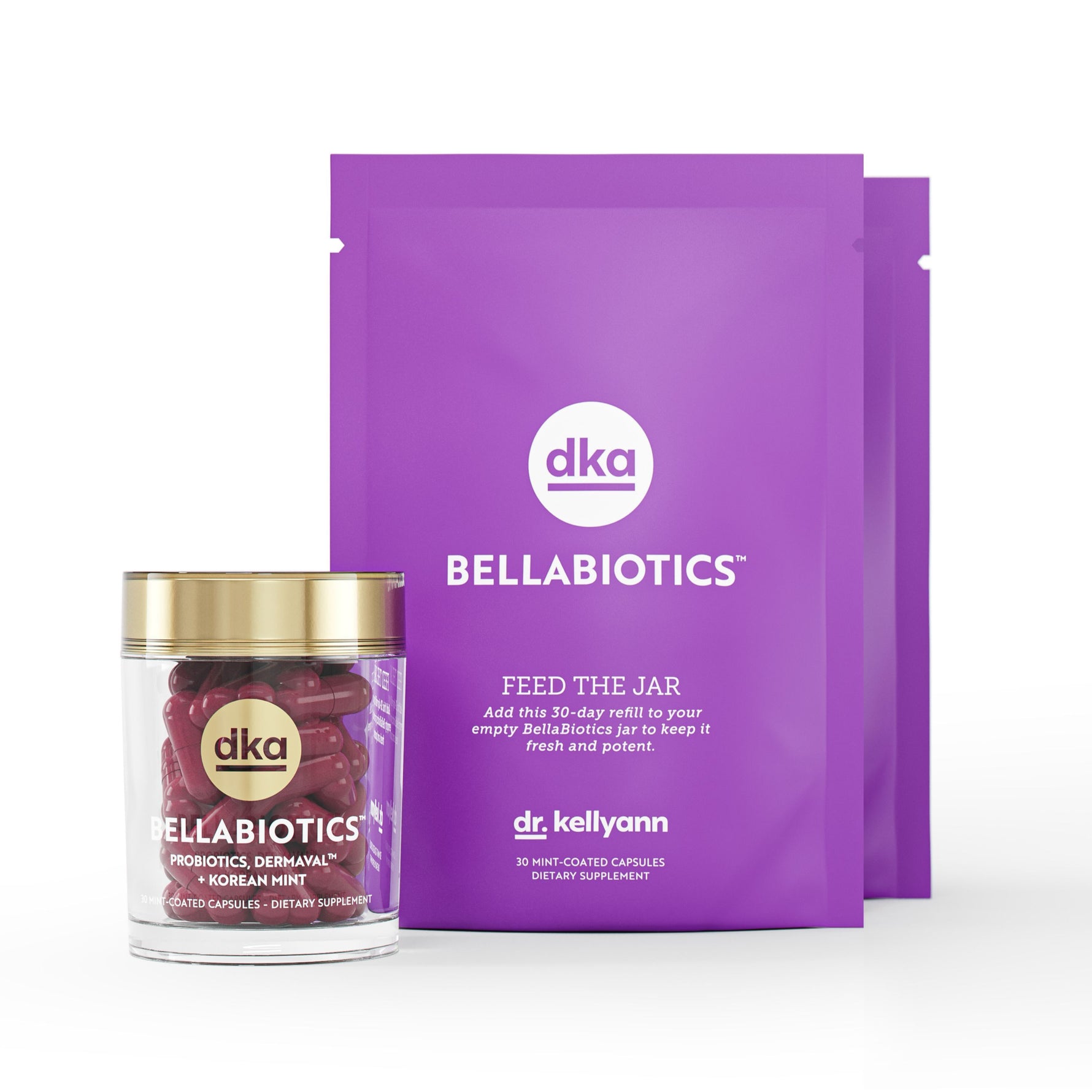 A clear jar containing red capsules labeled 'BellaBiotics Probiotics Dermaval® Korean Mint Supplement' with a gold-colored lid.