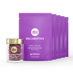 A clear jar containing red capsules labeled 'BellaBiotics Probiotics Dermaval® Korean Mint Supplement' with a gold-colored lid.