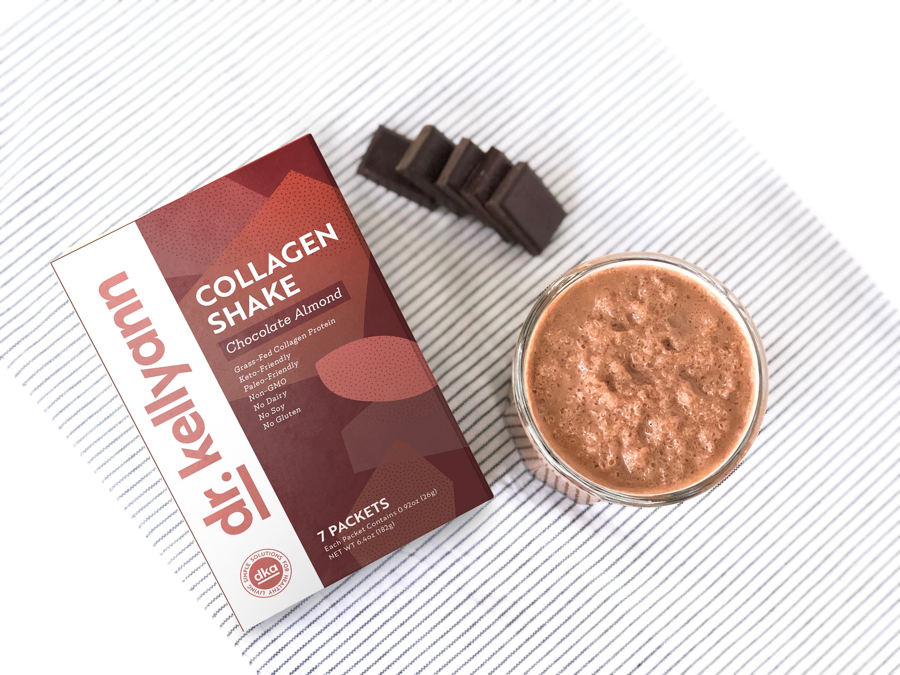 Collagen Shake - Chocolate Almond package next to milkshake