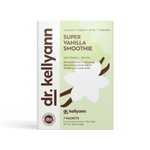 Box of dr. kellyann Super Vanilla Smoothie with vanilla bean and vanilla flower illustration on a light green background.