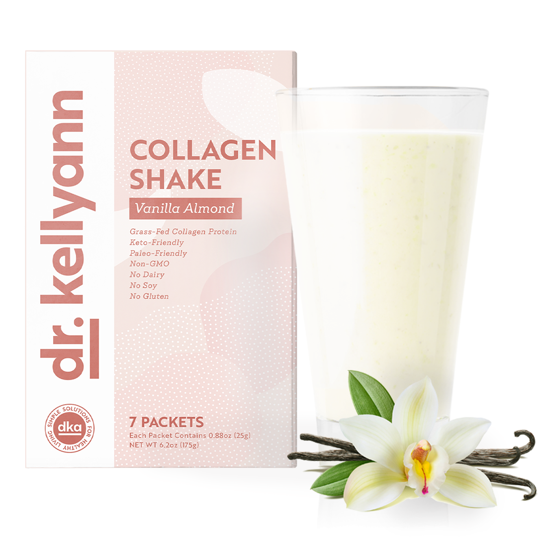 Vanilla Almond Collagen Shake packet and mug